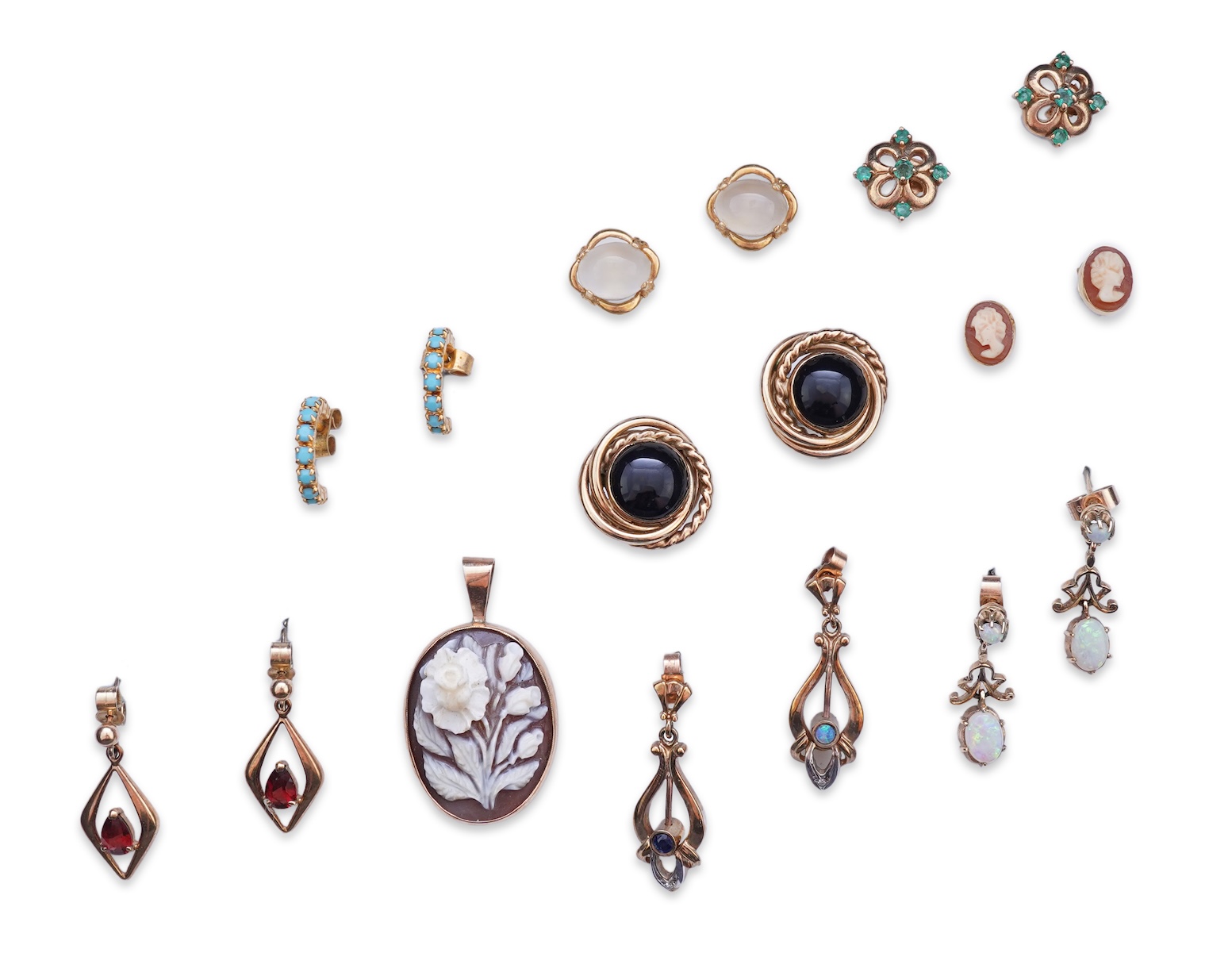 Eight pairs of earrings and pendant, comprising: a pair of onyx studs; a pair of emerald studs; a pair of sapphire and diamond drop earrings; a pair of opal drop earrings; a pair of garnet drop earrings; and a shell pend